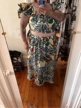Elouqoui Leaf Print Maxi Skirt set  - Green Multi